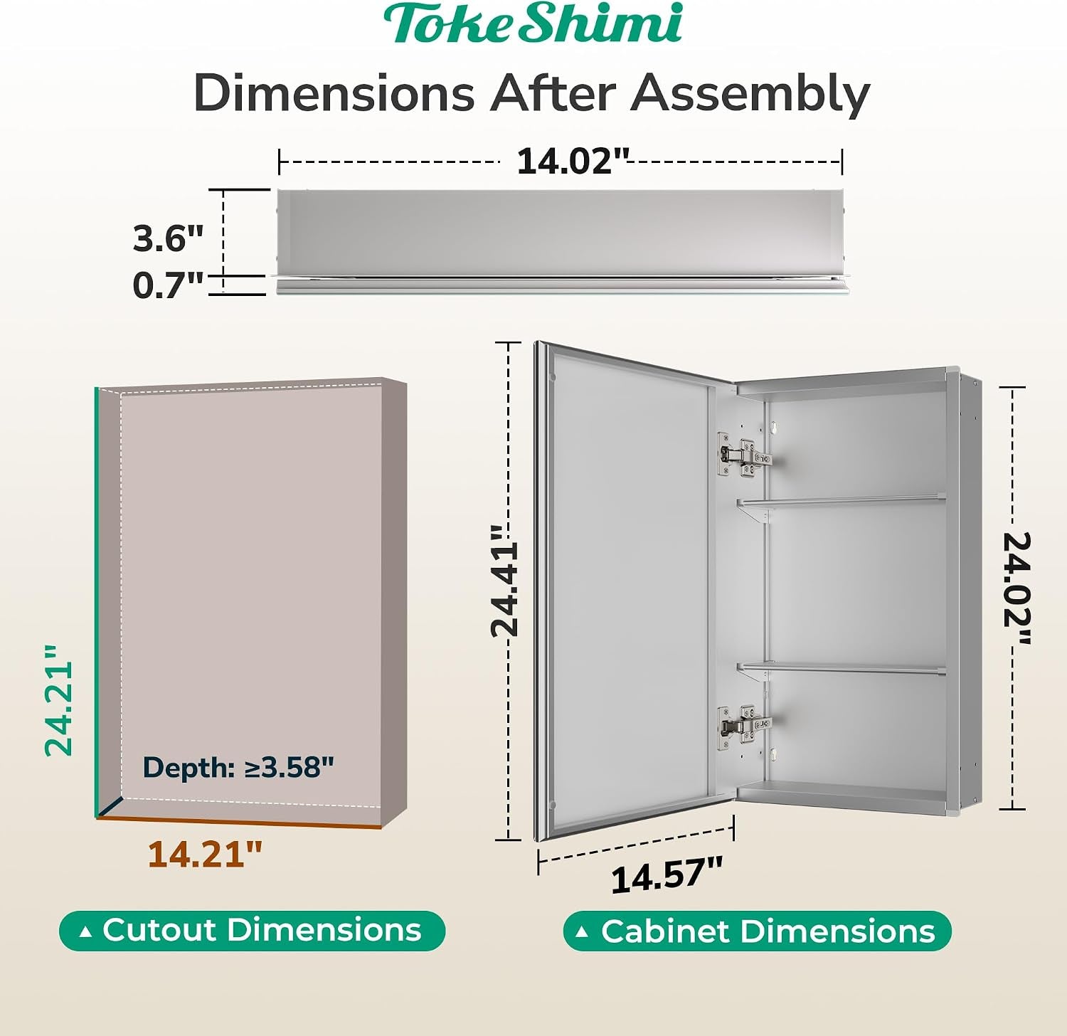 Diagram showing cabinet open with cutout and cabinet dimensions for the 14 x 24 model