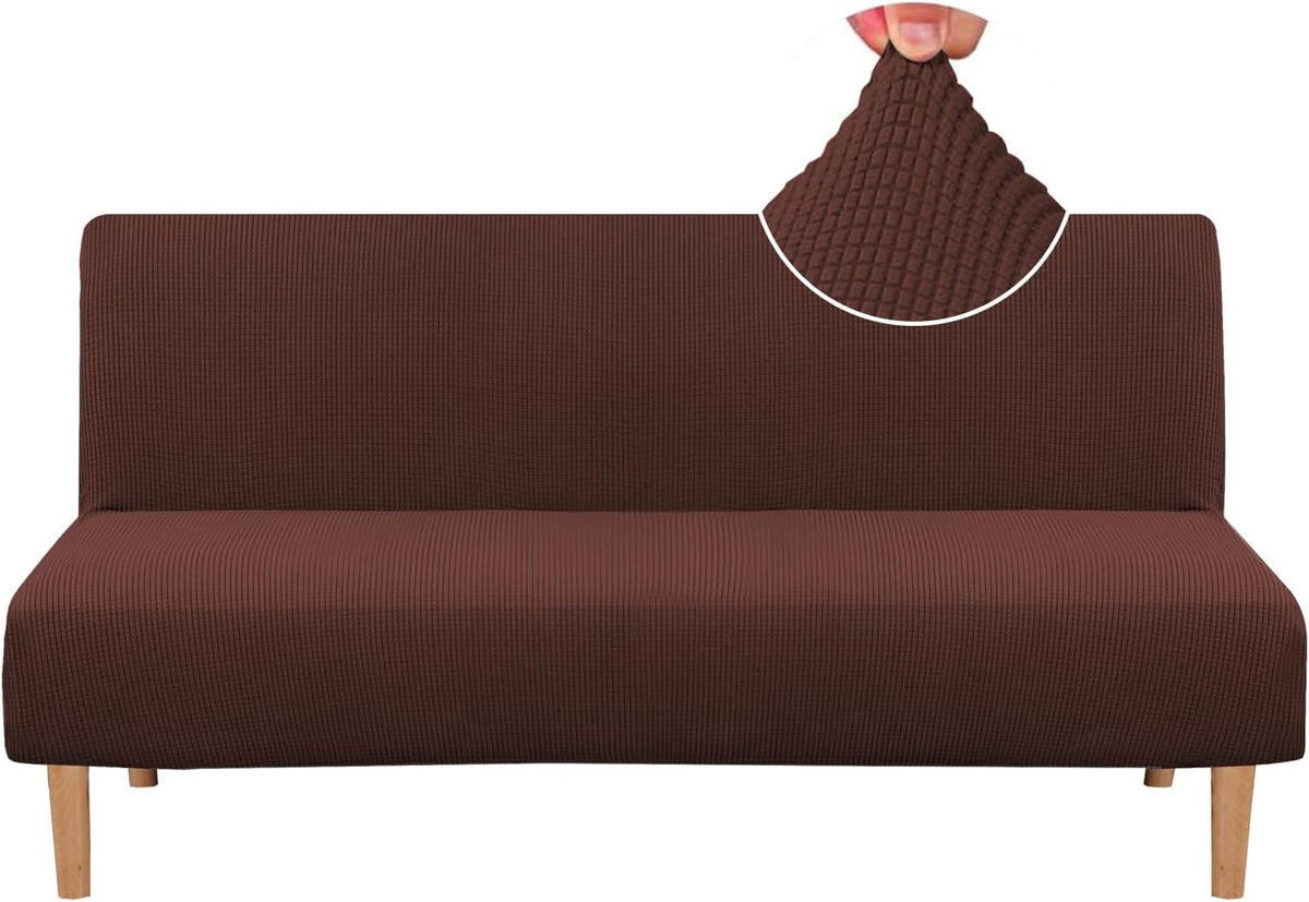 Front view of a brown small-check textured slipcover on a armless futon with wooden legs.