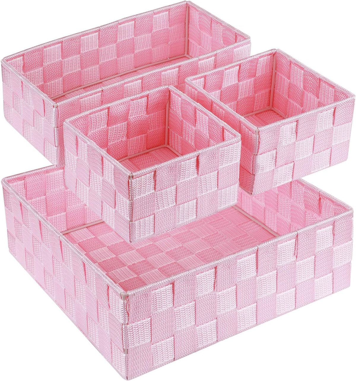 Studio angle showing three woven baskets stacked together in a soft pink color, highlighting the checker weave.