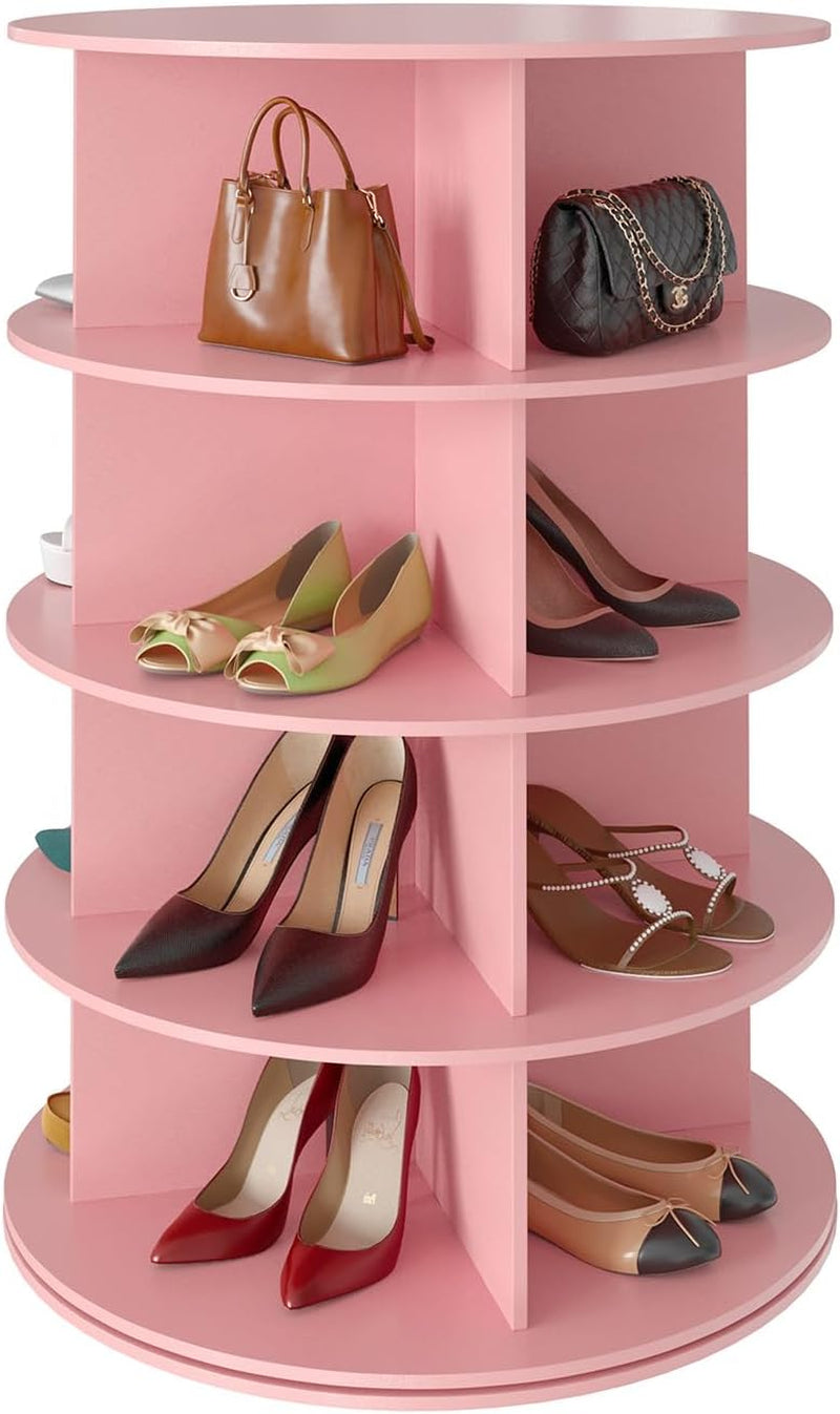 Close-up of the pink rack's middle shelves showing handbags and pairs of flats on two circular tiers.