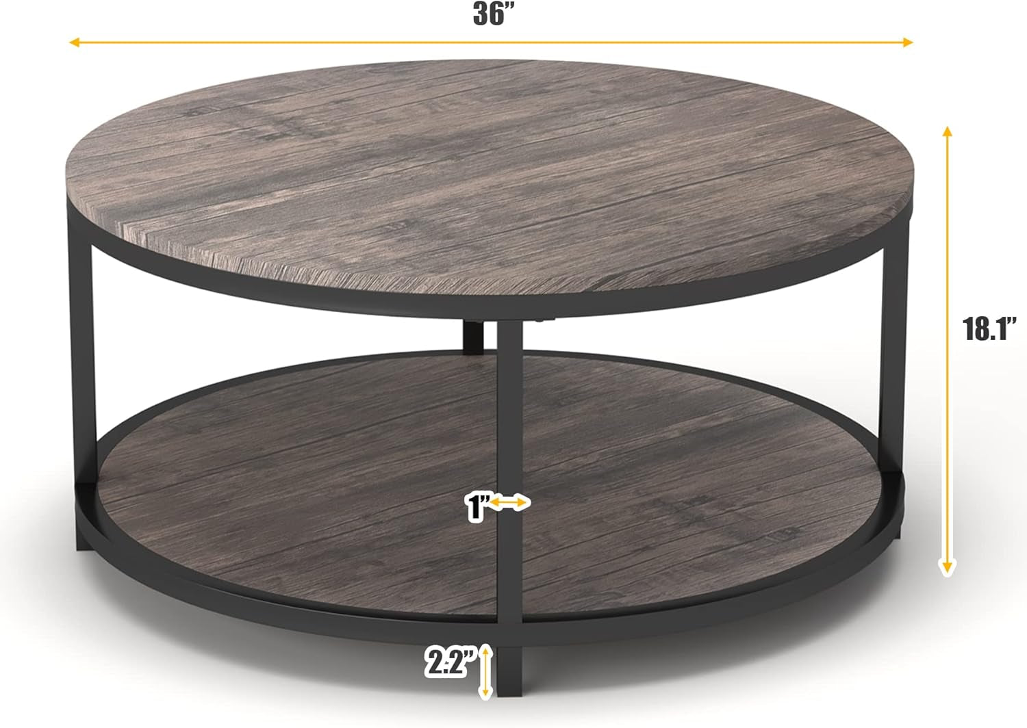 Isolated product view of the round coffee table shown with arrows indicating width and height dimensions.