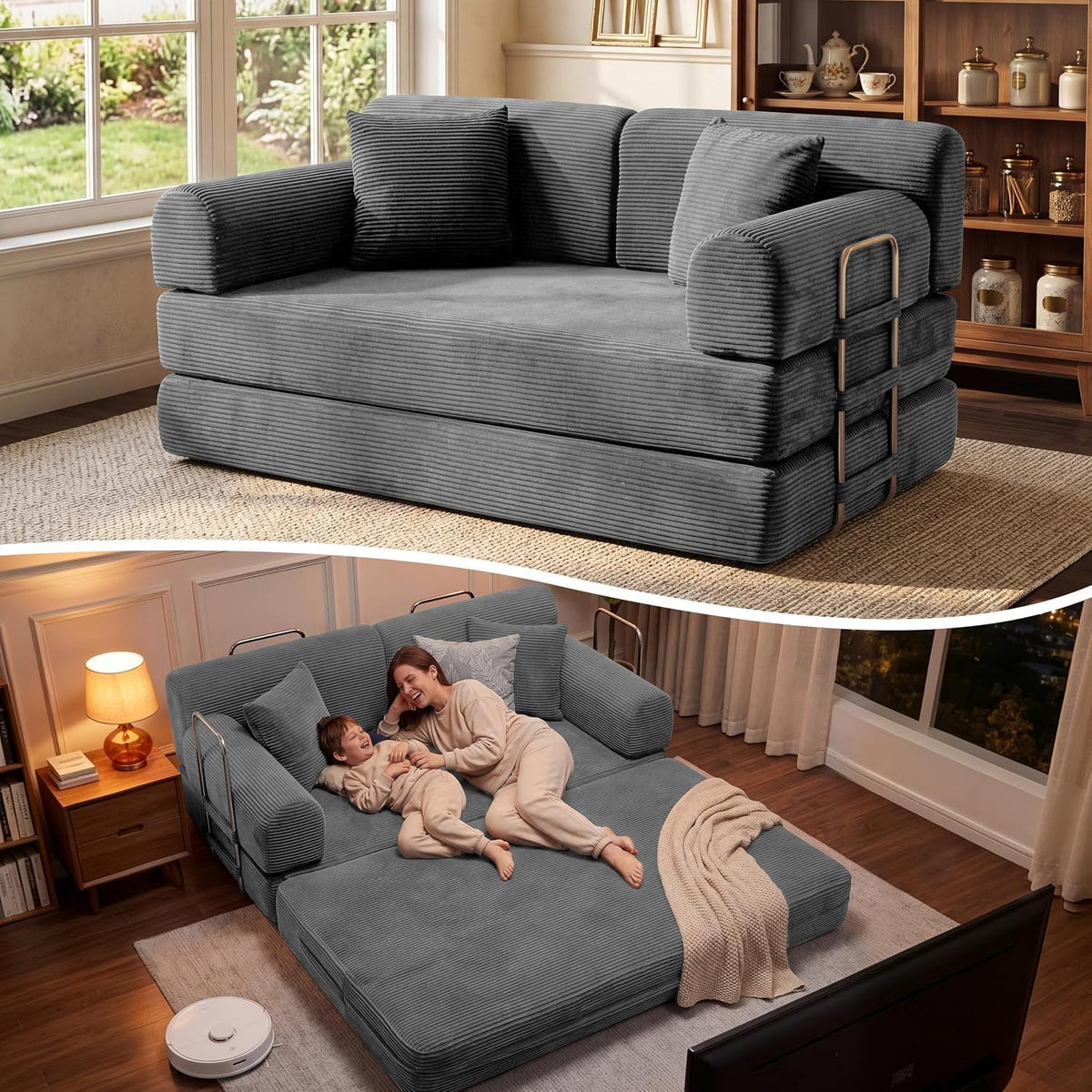 Gray ribbed loveseat shown as a sofa in one view and converted to a flat bed with two people lounging in another.