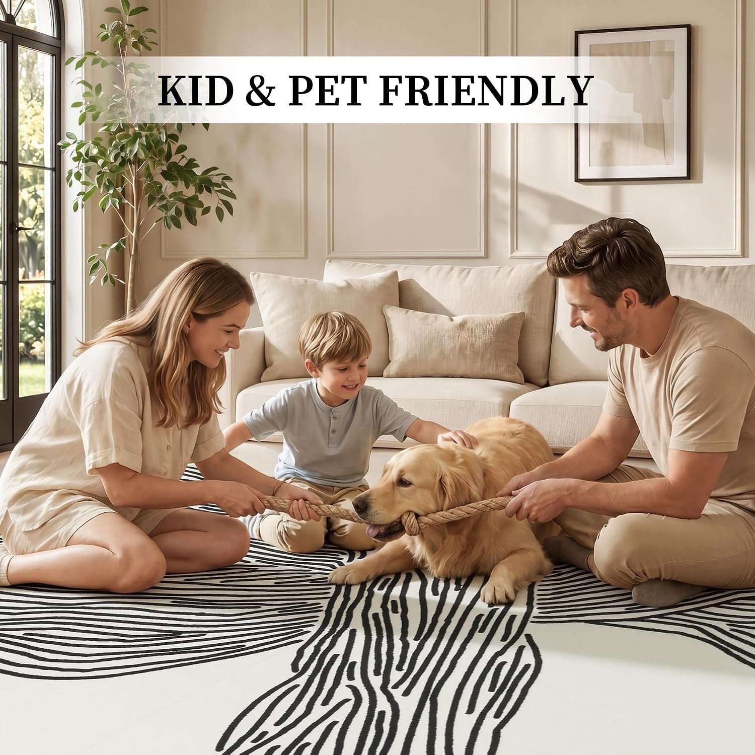 Family playing with a dog on the beige and black abstract rug with a visible 'KID & PET FRIENDLY' banner in the scene