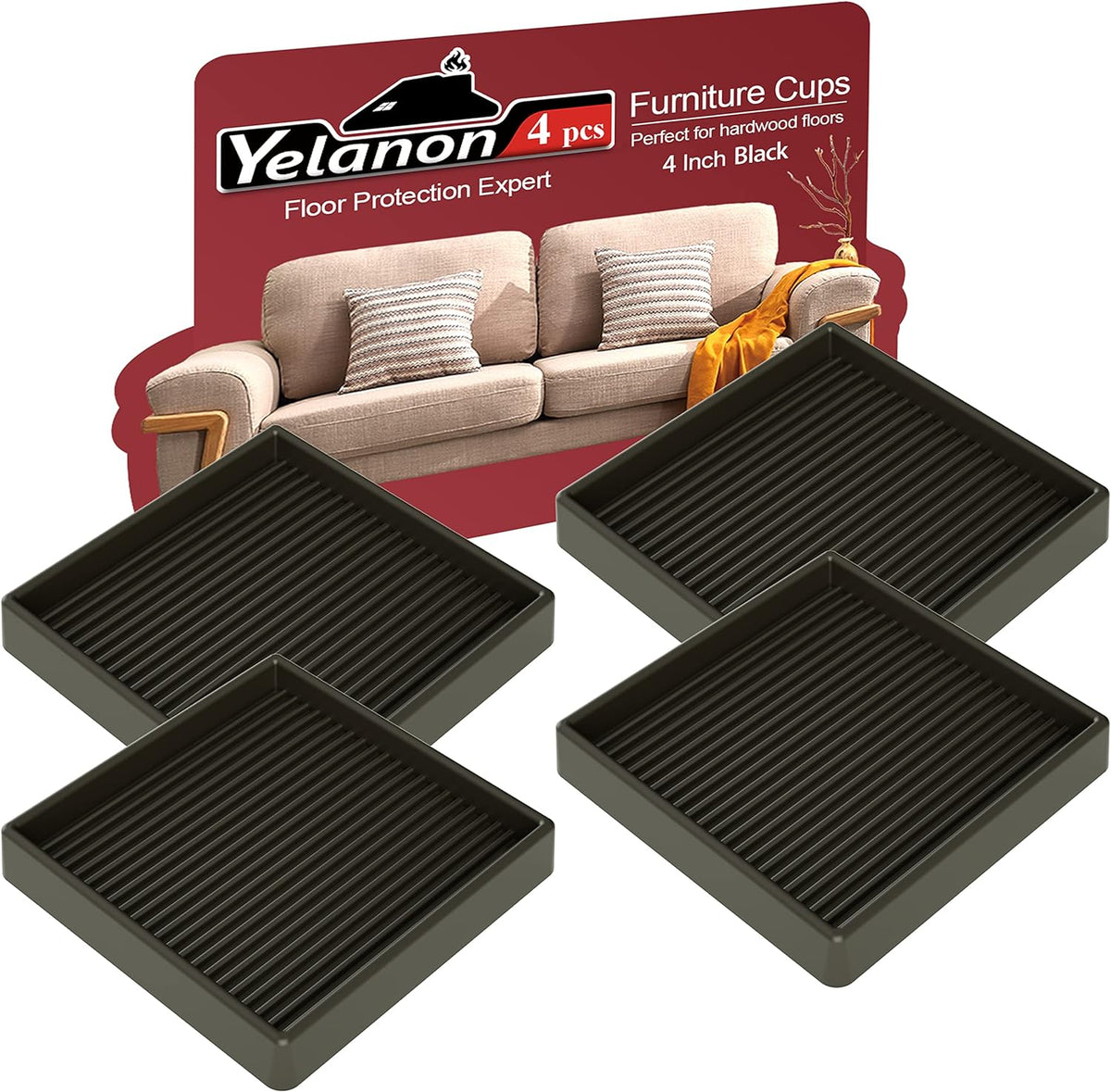 Four square black/very dark gray ribbed furniture cups placed before a red product display showing a sofa.