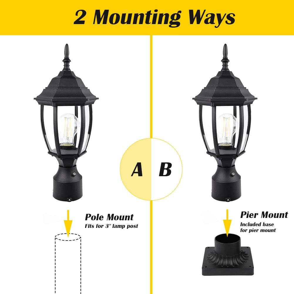 Illustration showing two mounting options for the black lantern: fits a 3-inch lamp post or uses the included pier mount base