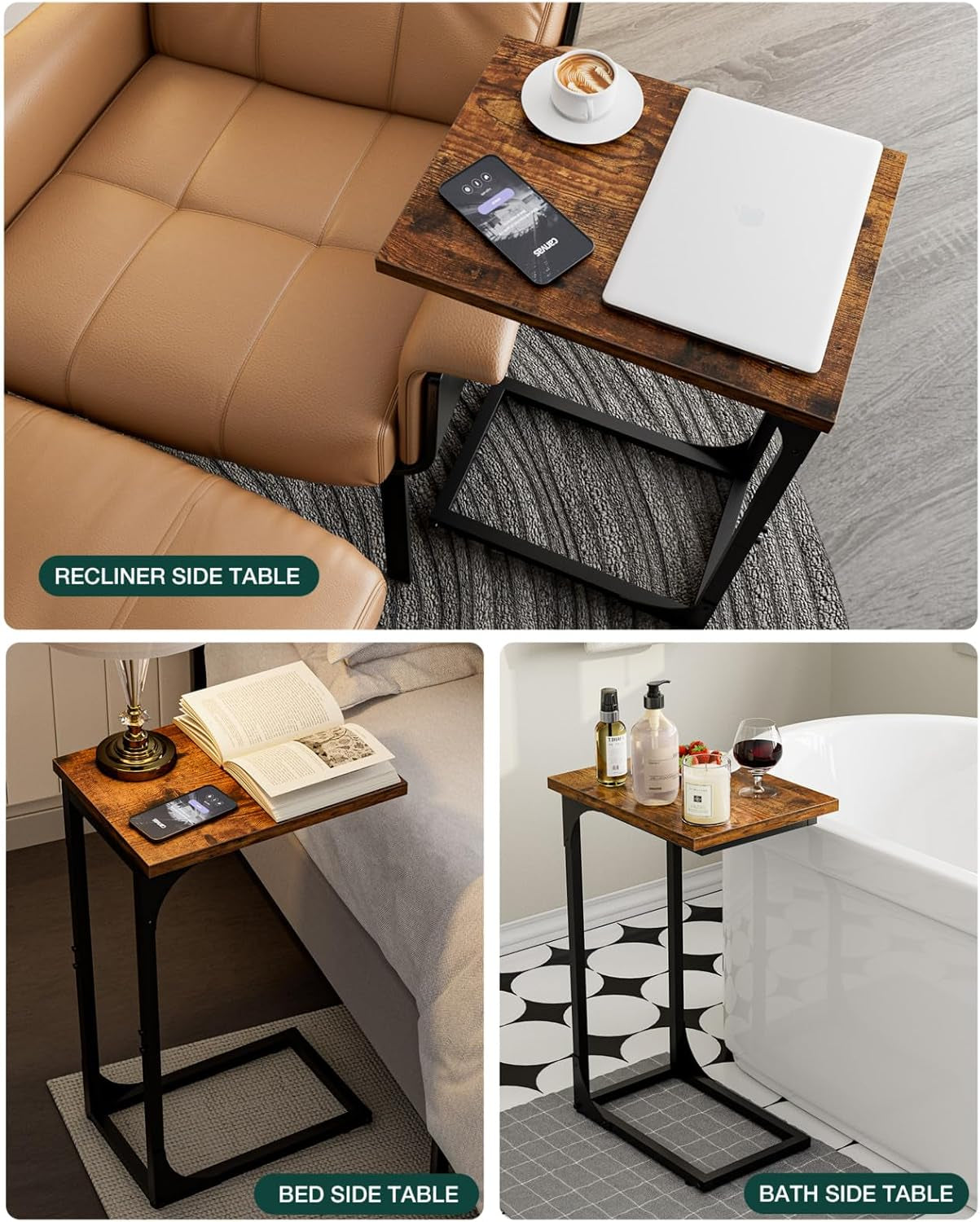 Three lifestyle scenes showing a C-shaped side table with a rustic wood top and black metal frame next to sofa, bed, and tub.