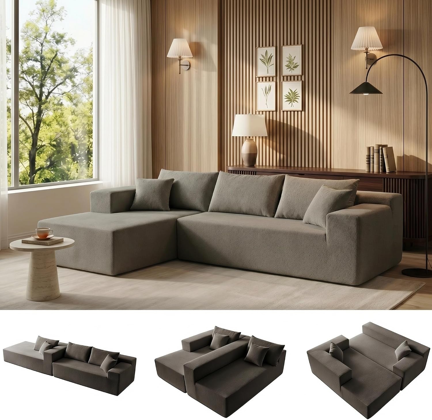 Warm gray modular L-shaped sectional with chaise beside a tall window and wood-paneled wall