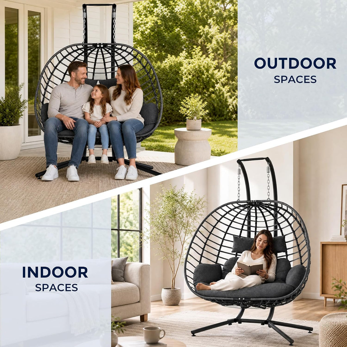 Two-scene lifestyle image showing the hanging double egg chair in outdoor porch and indoor living room settings.