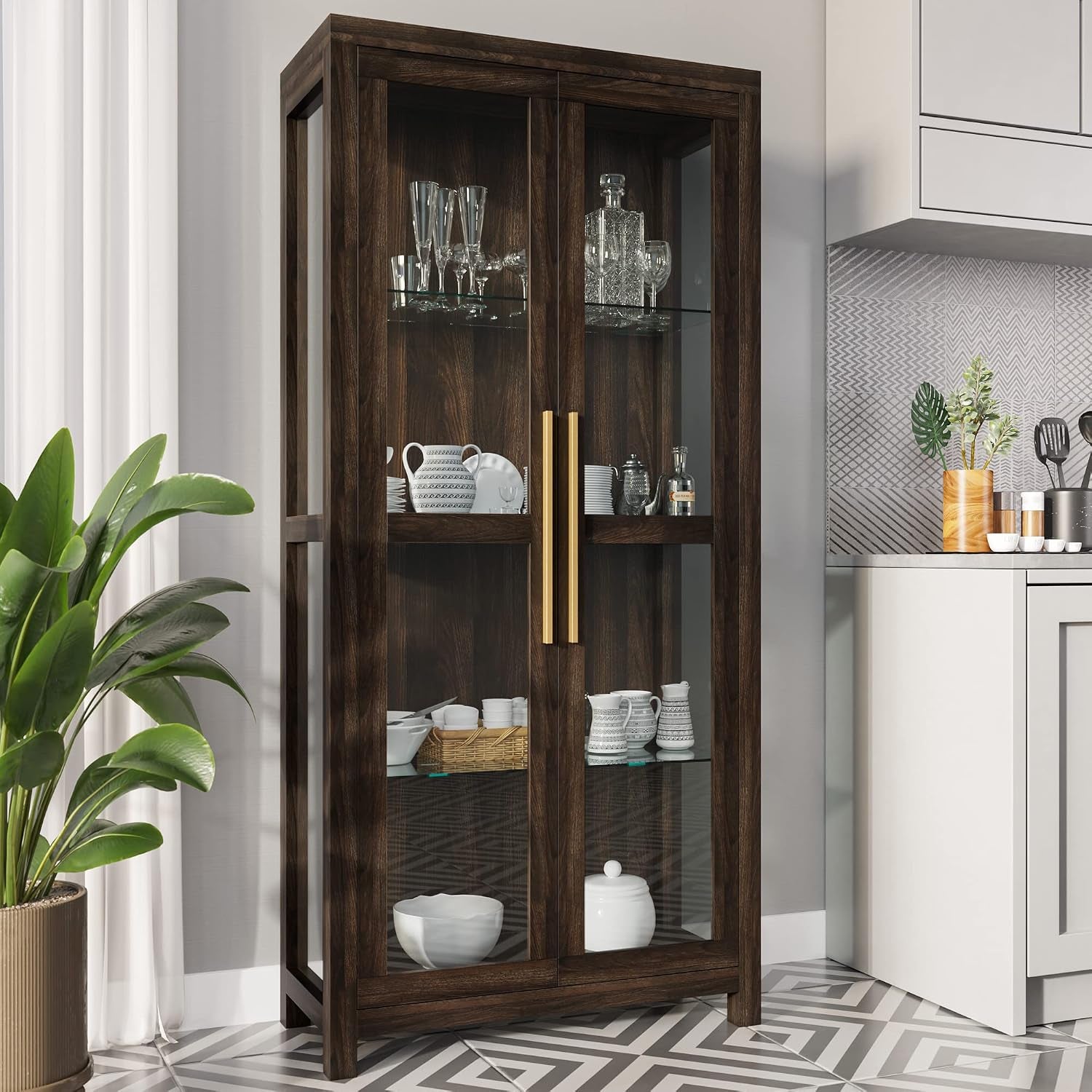 Tall dark-wood glass display cabinet in a kitchen corner with dishes and glassware on interior shelves