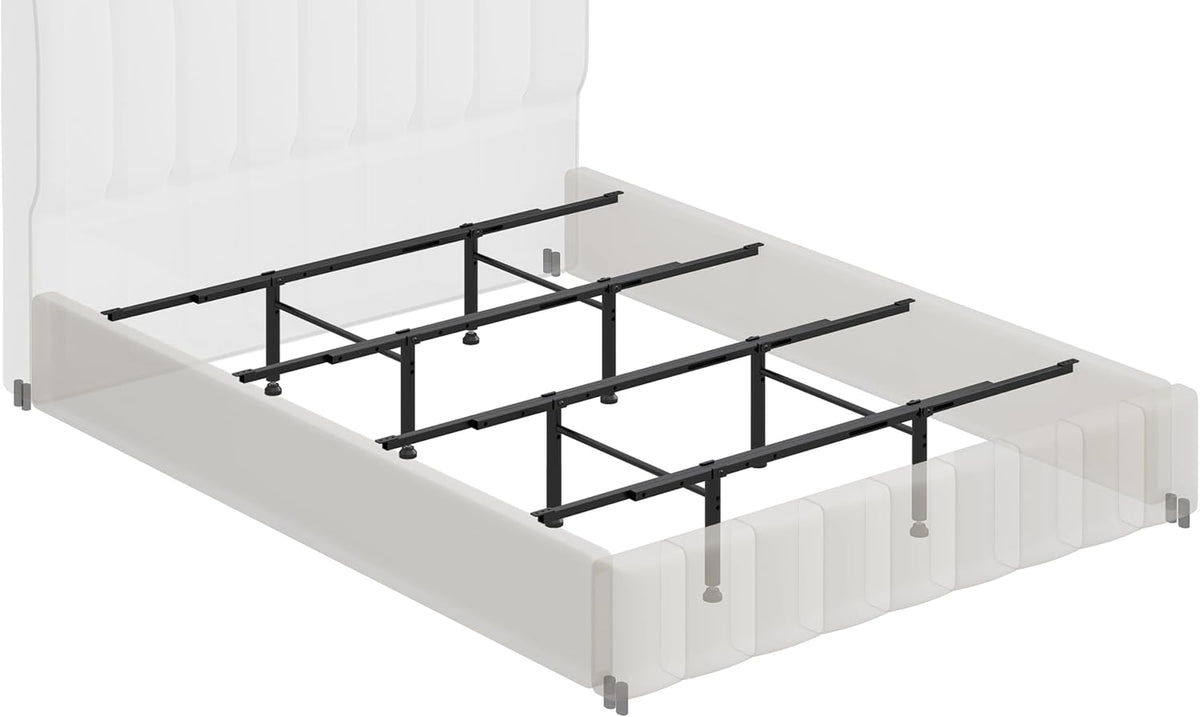 Black steel center support crossbar kit installed under a translucent bed frame, angled top view showing multiple crossbars和c