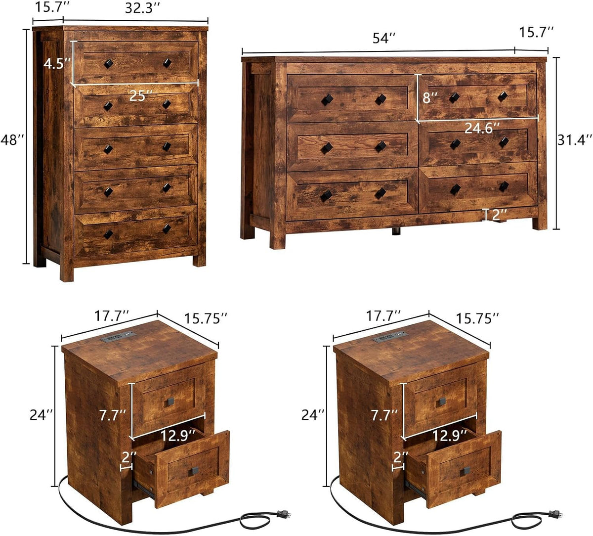 Dimensional diagram of the six-drawer dresser, tall five-drawer chest and two nightstands in a brown rustic finish with size标
