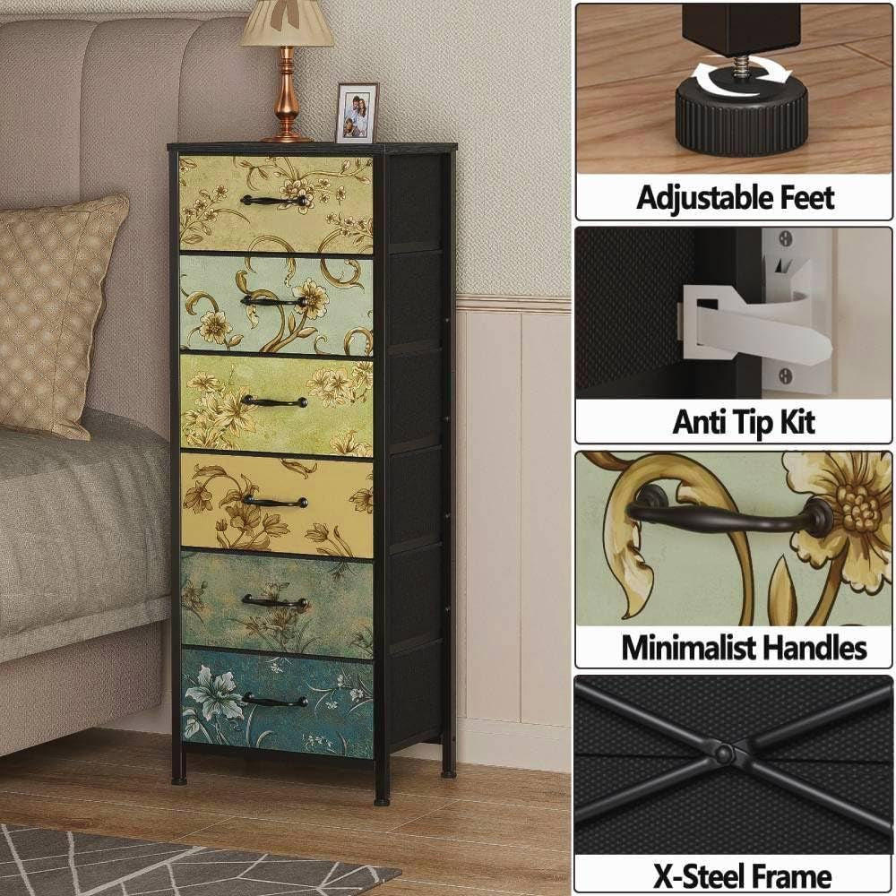 Six-drawer floral-front dresser next to a bed, with four small panels showing adjustable foot, anti-tip latch, handle