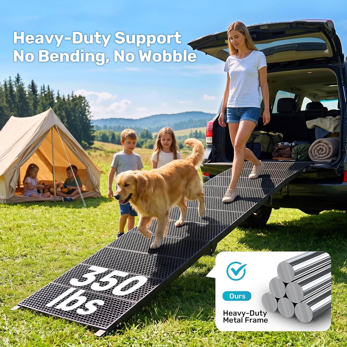 Golden retriever and woman walking down a long black ramp from an open SUV at a campsite.