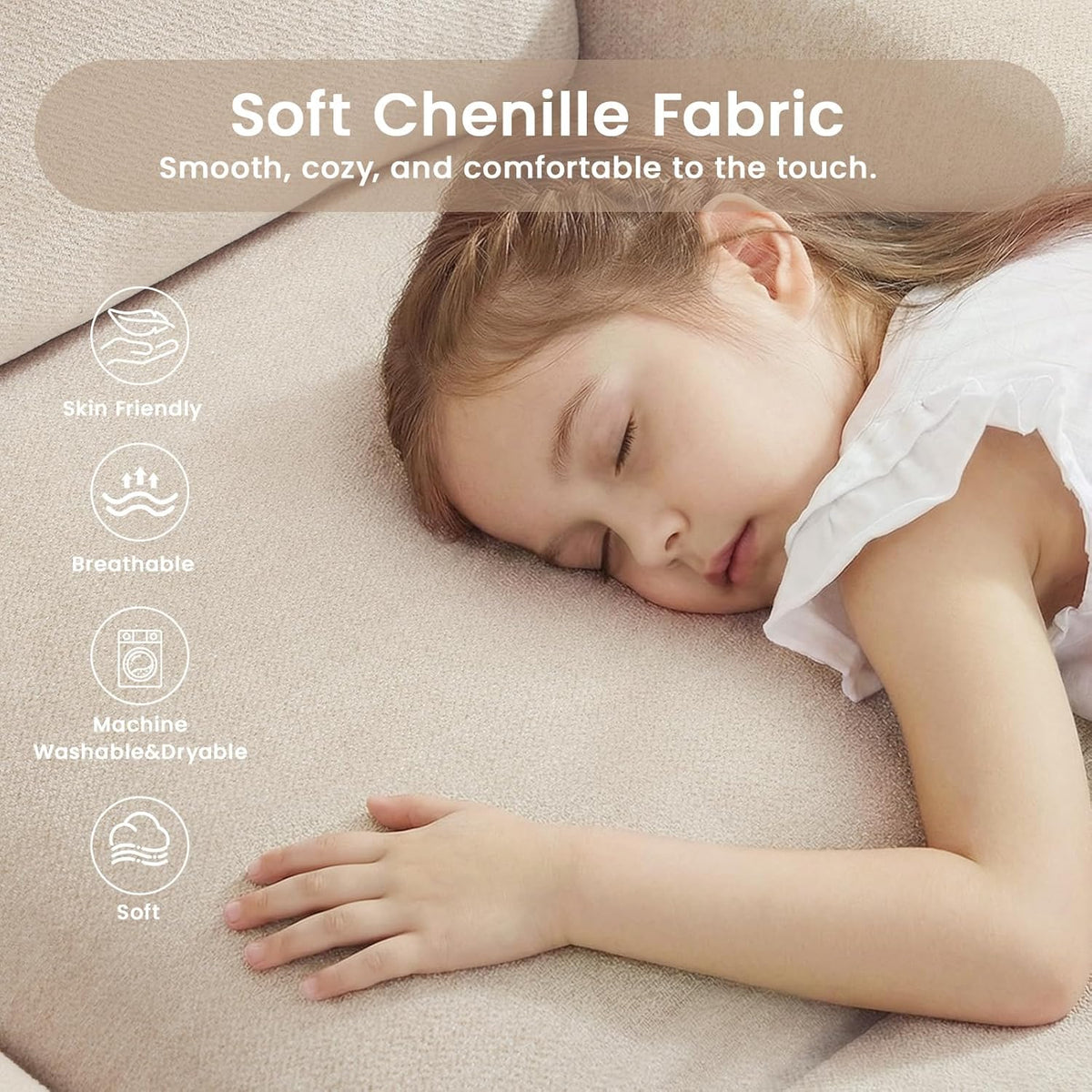 Close-up of soft light beige chenille fabric with a child resting to show texture and washable care