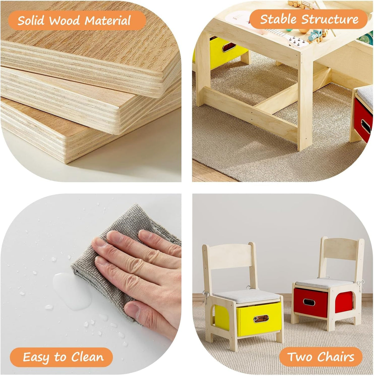 Four close-up panels showing plywood edges, table leg frame, a hand wiping the tabletop, and the two small storage chairs.