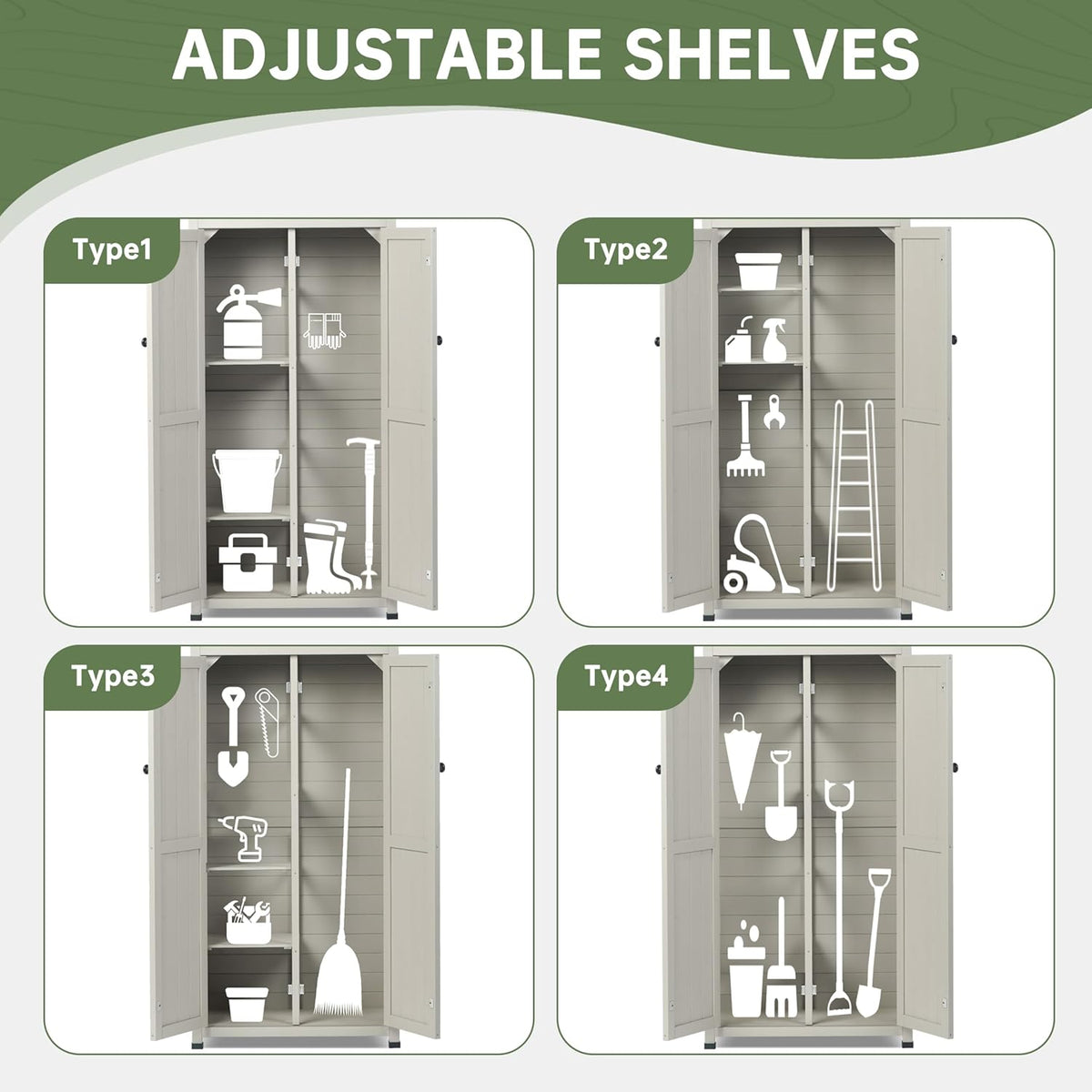 Four-panel diagram showing adjustable shelf layouts and storage options inside the gray outdoor cabinet