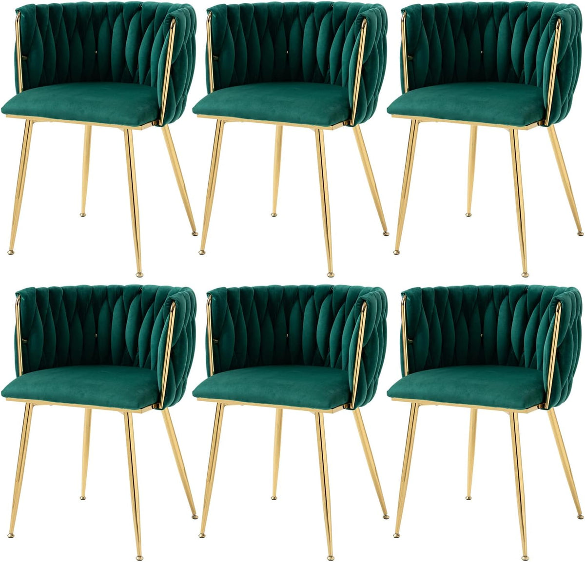 Six emerald green velvet dining chairs with rounded tufted backs and polished gold legs shown in two rows