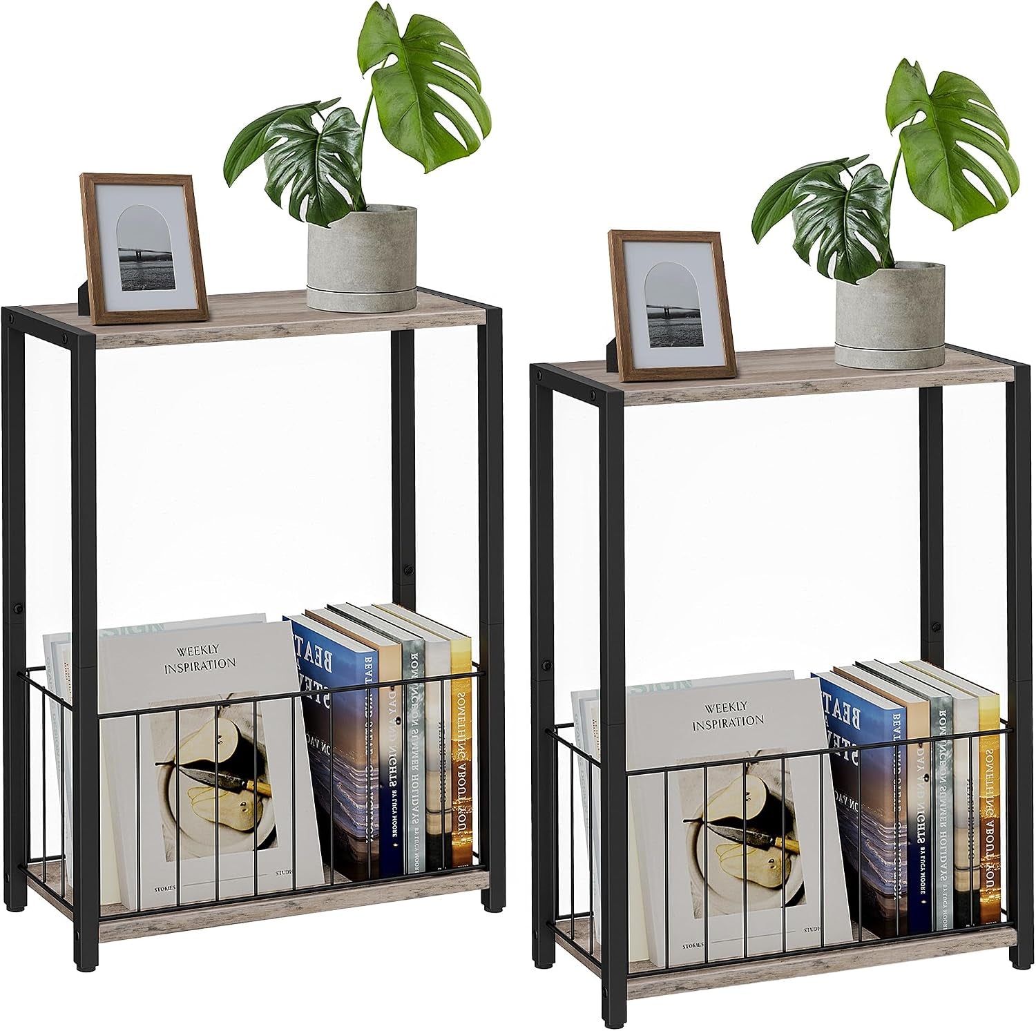 Two narrow side tables with light wood tops and black metal frames, each with a lower wire basket filled with books