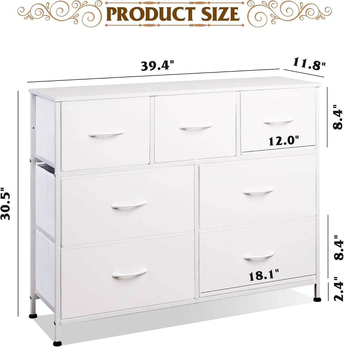 White seven-drawer dresser shown in a dimension diagram