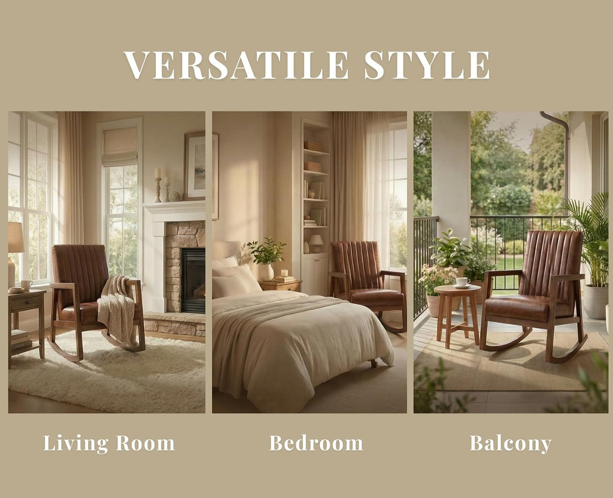 Three-panel image showing the brown faux leather rocking chair in living room, bedroom, and balcony settings