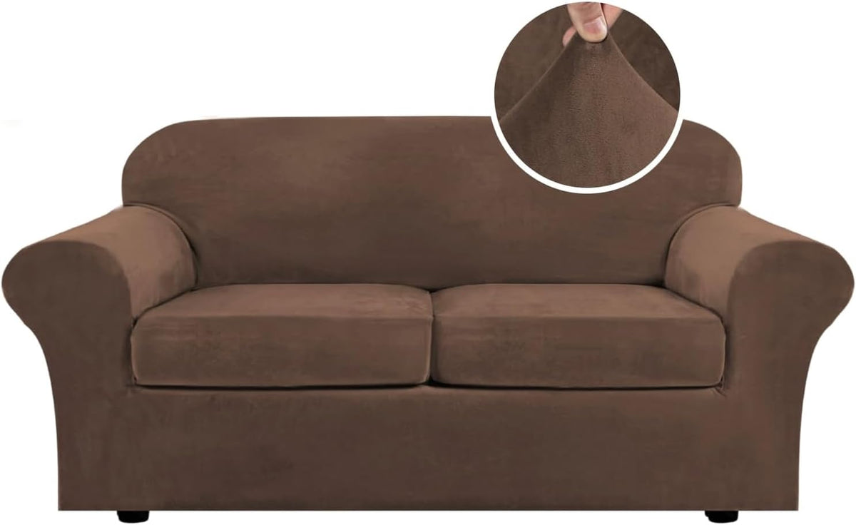 Front-facing three-seat sofa in medium chocolate-brown stretch velvet with a magnified inset of the soft fabric.