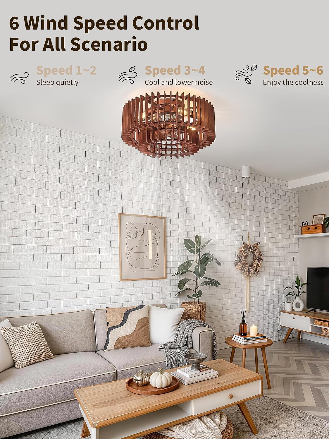 Brown wood caged flush-mount fan installed in a modern living room ceiling view
