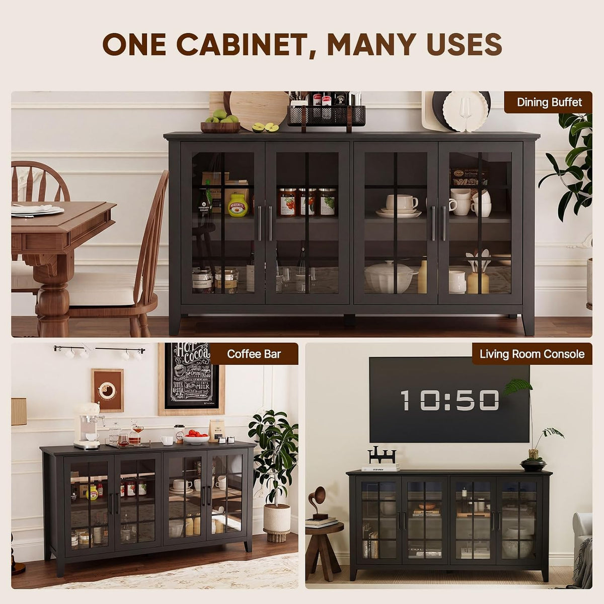 Three styled scenes showing the cabinet used as a dining buffet, a coffee bar, and a living room console.