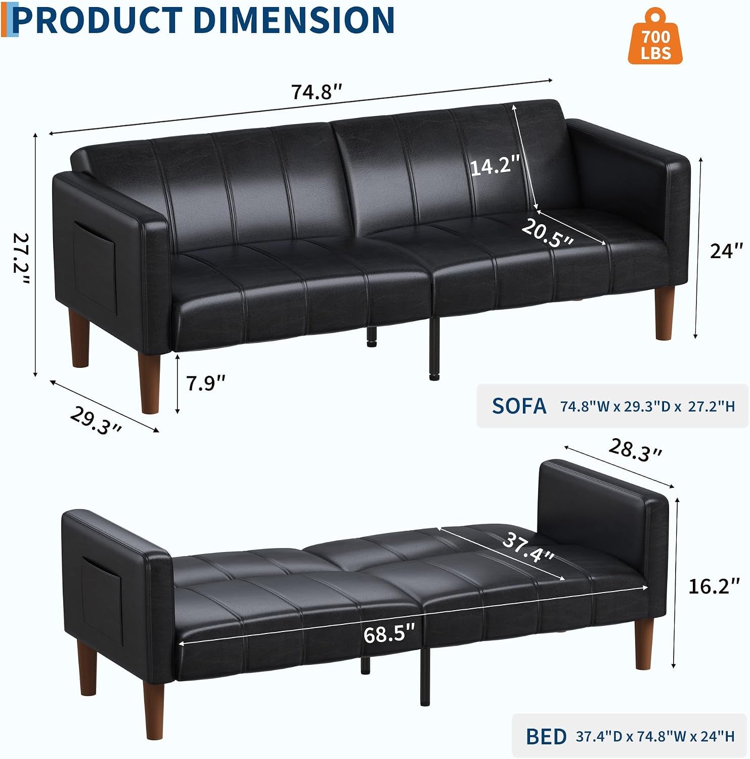 Diagram with product dimensions showing sofa mode 74.8" W and bed mode 75.2" L x 37.4" W