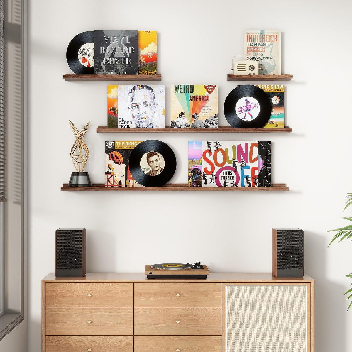 Walnut floating picture ledges holding vinyl records and album covers above a media console