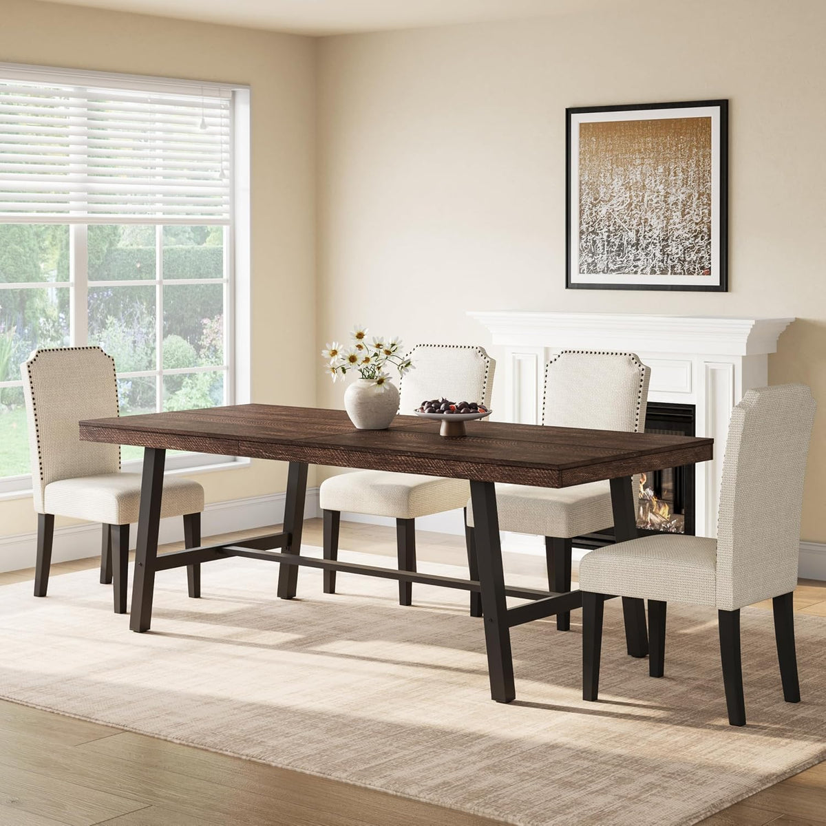 Rectangular dark brown wood dining table with black metal legs in a bright dining room with four upholstered chairs.