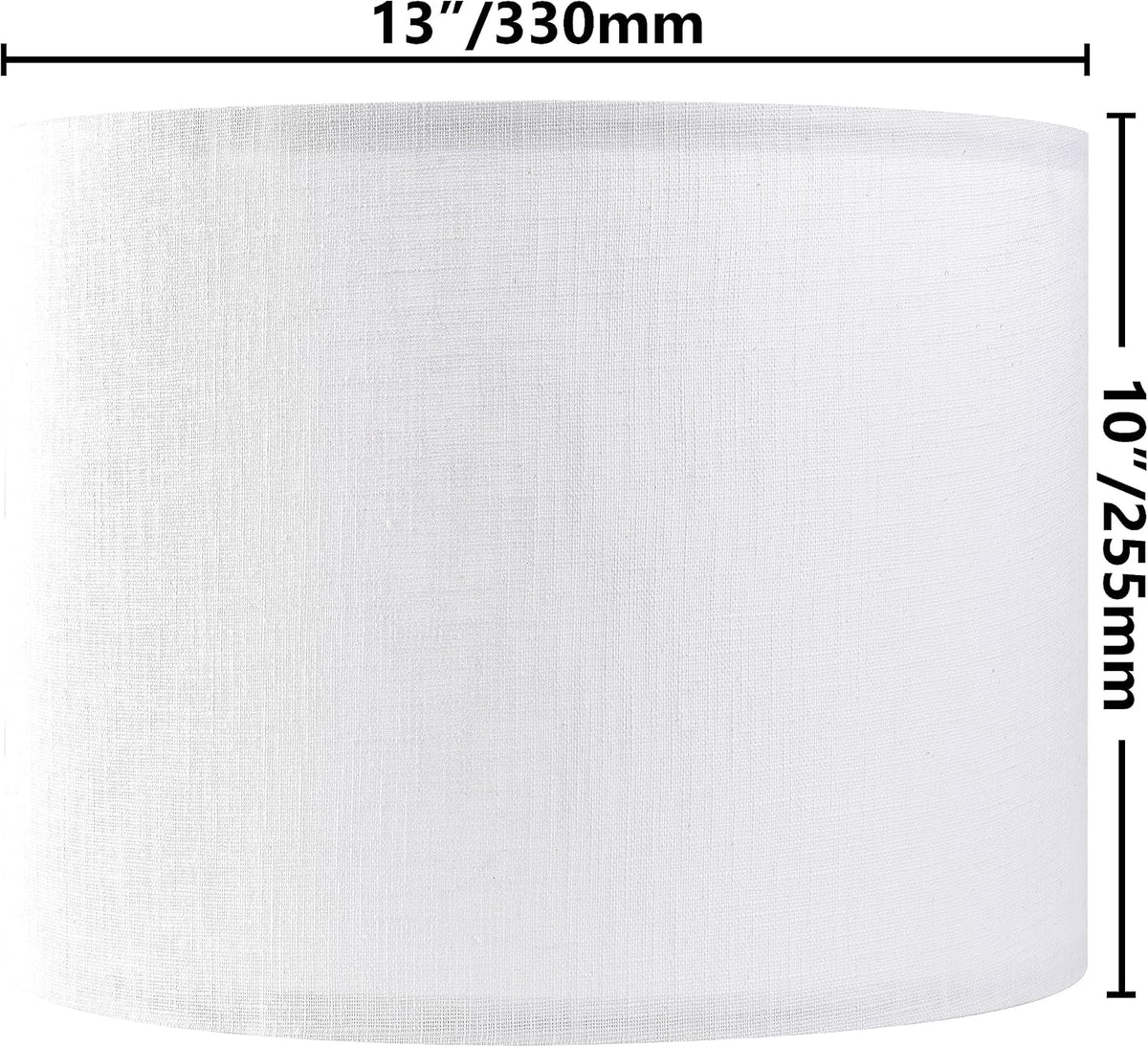 Close-up of a white drum shade with printed measurement markers showing 13" width and 10" height.