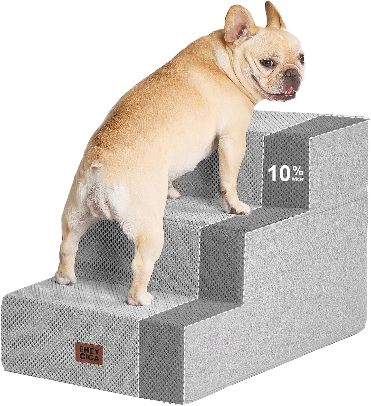 Light gray four-step stairs shown from front with a tan French bulldog standing on top steps