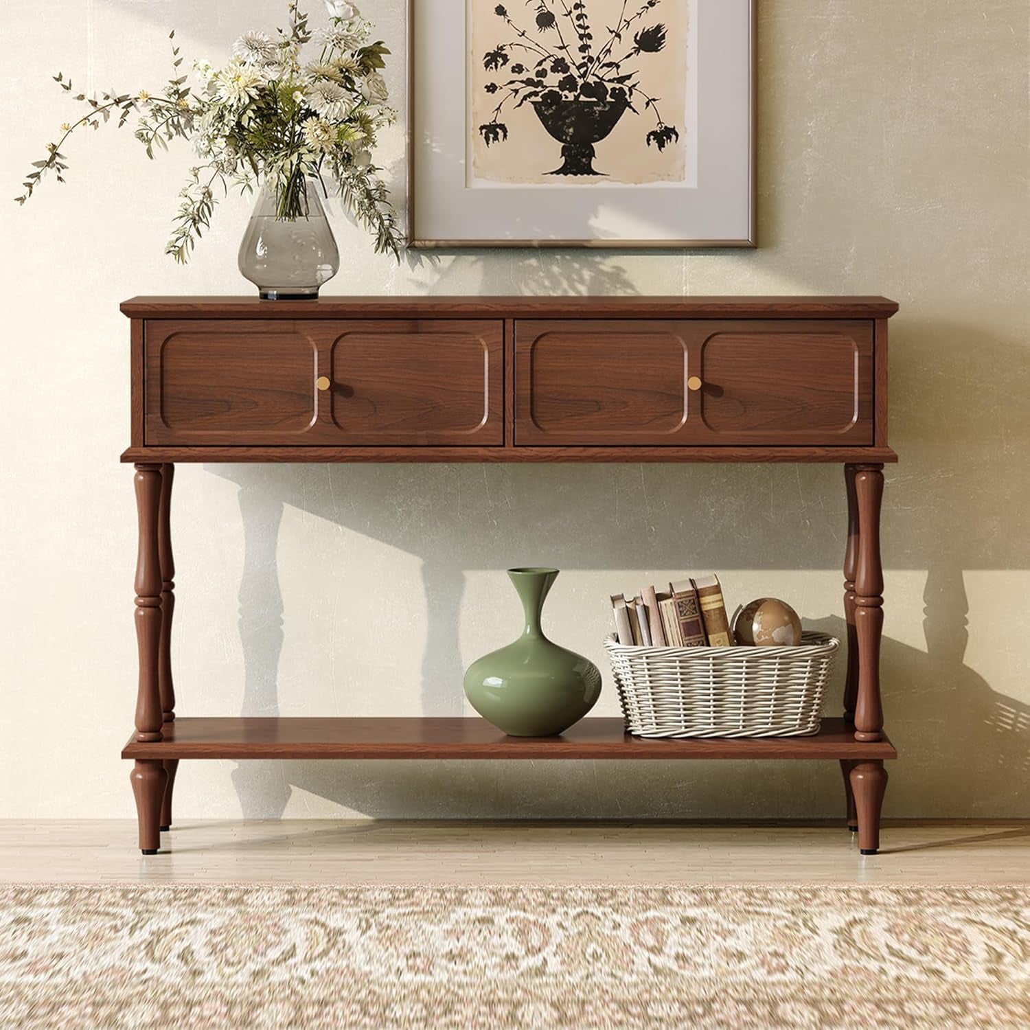 Brown mid-century console table front view with vase on top and basket on lower shelf
