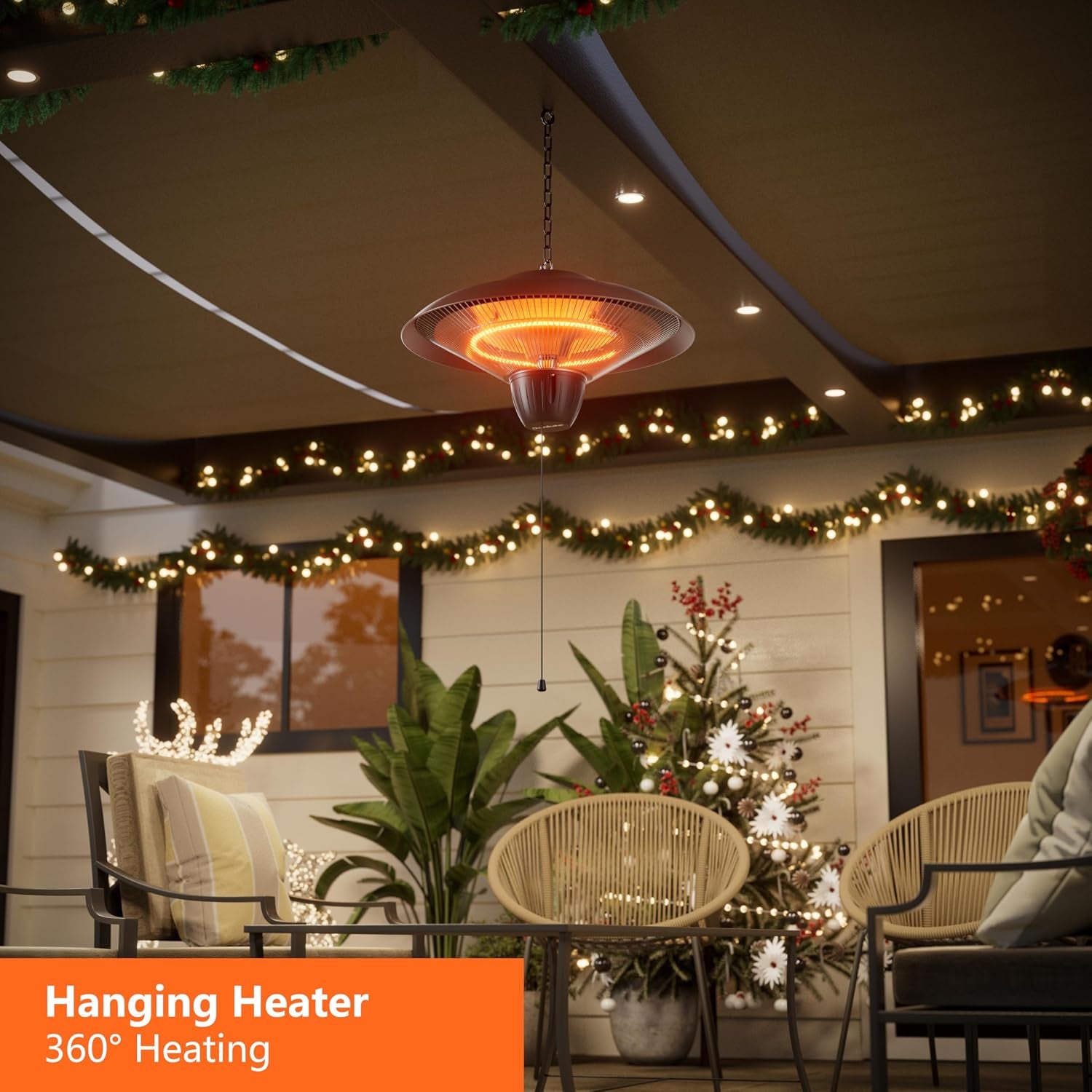 Hanging patio heater glowing above a decorated outdoor seating area with holiday lights, front-facing view