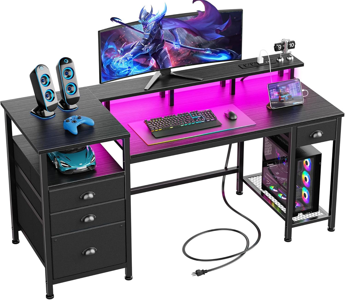 Black 60-inch computer desk product shot on white background showing monitor stand, drawers and cable routing