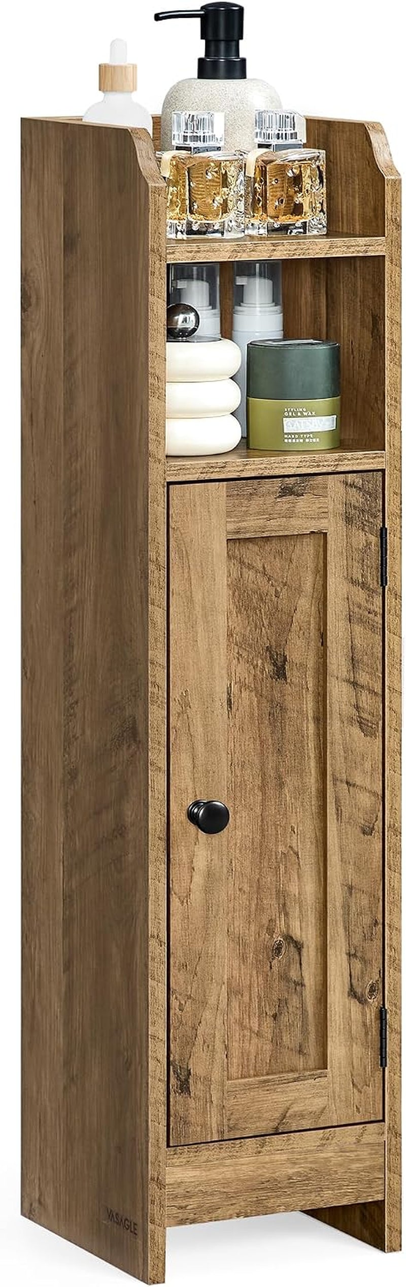 Tall narrow wooden storage cabinet with an open top shelf, middle cubby, and a single door with round knob.