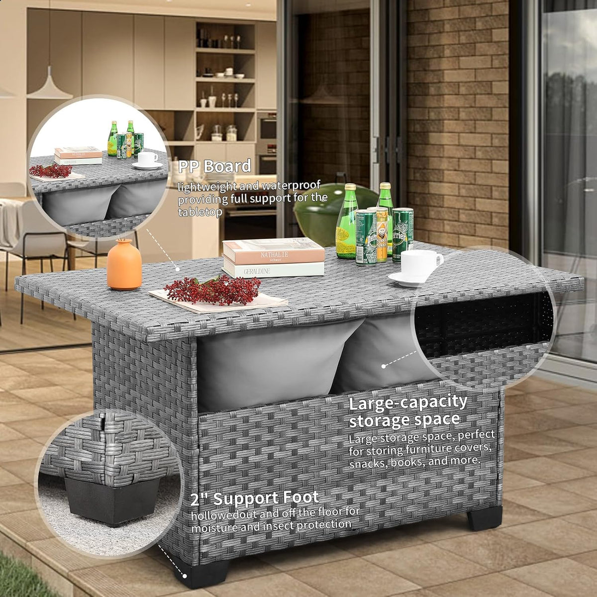 Lifestyle view of grey wicker storage table on a patio with circular callouts highlighting storage compartment and support-fe