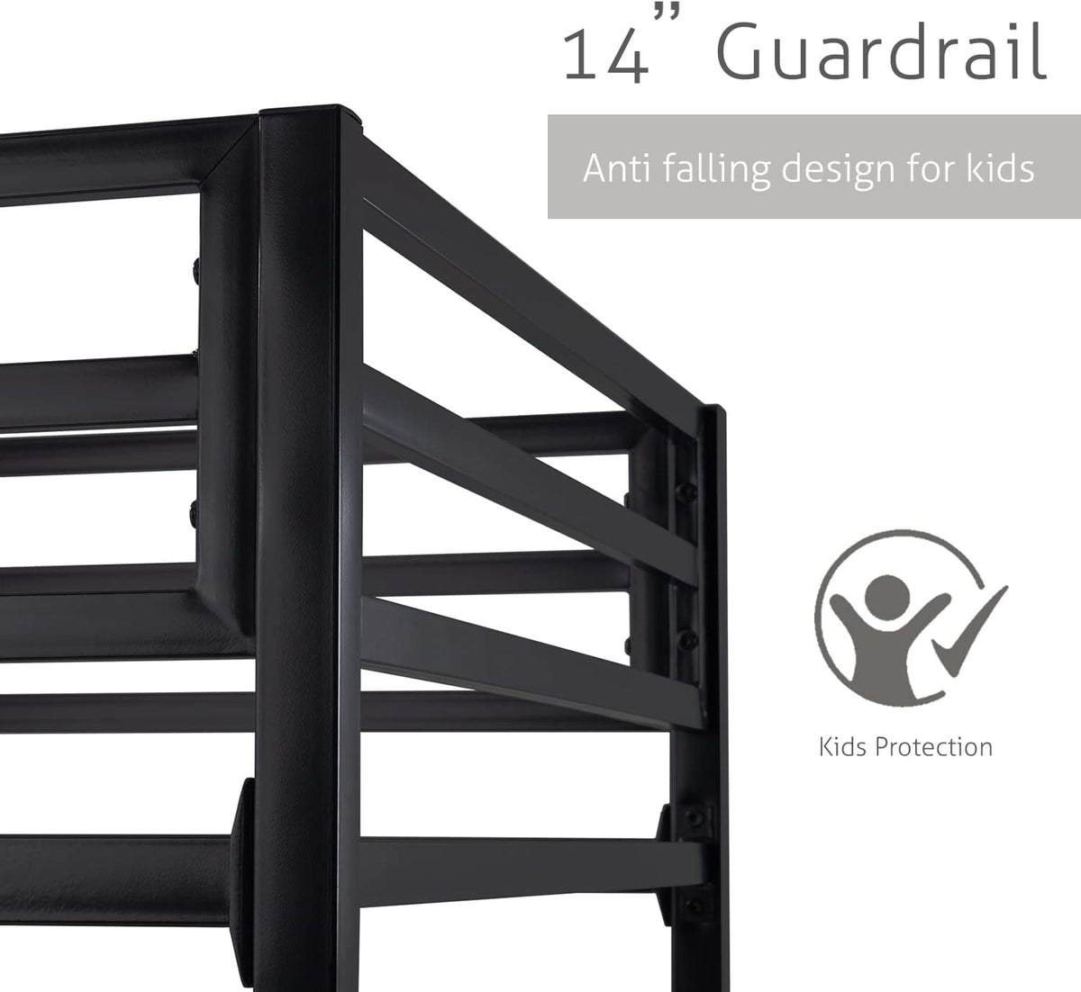 Close-up of the black metal upper guardrail and corner post showing horizontal safety rails.