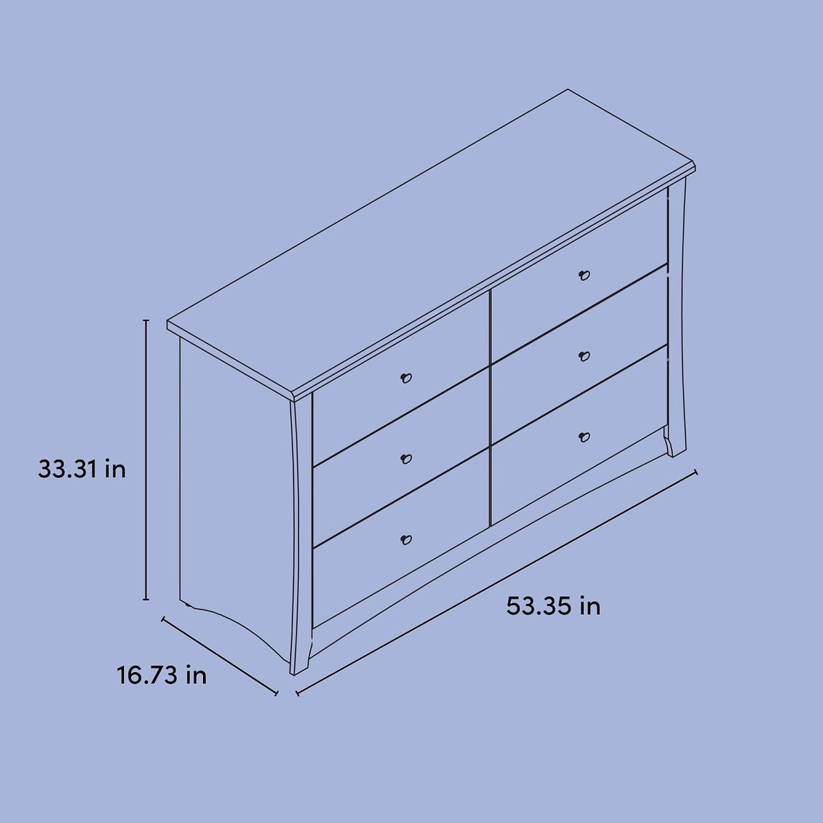 Line-drawing illustration showing dresser dimensions labeled 53.35 in wide, 33.31 in high, 16.73 in deep