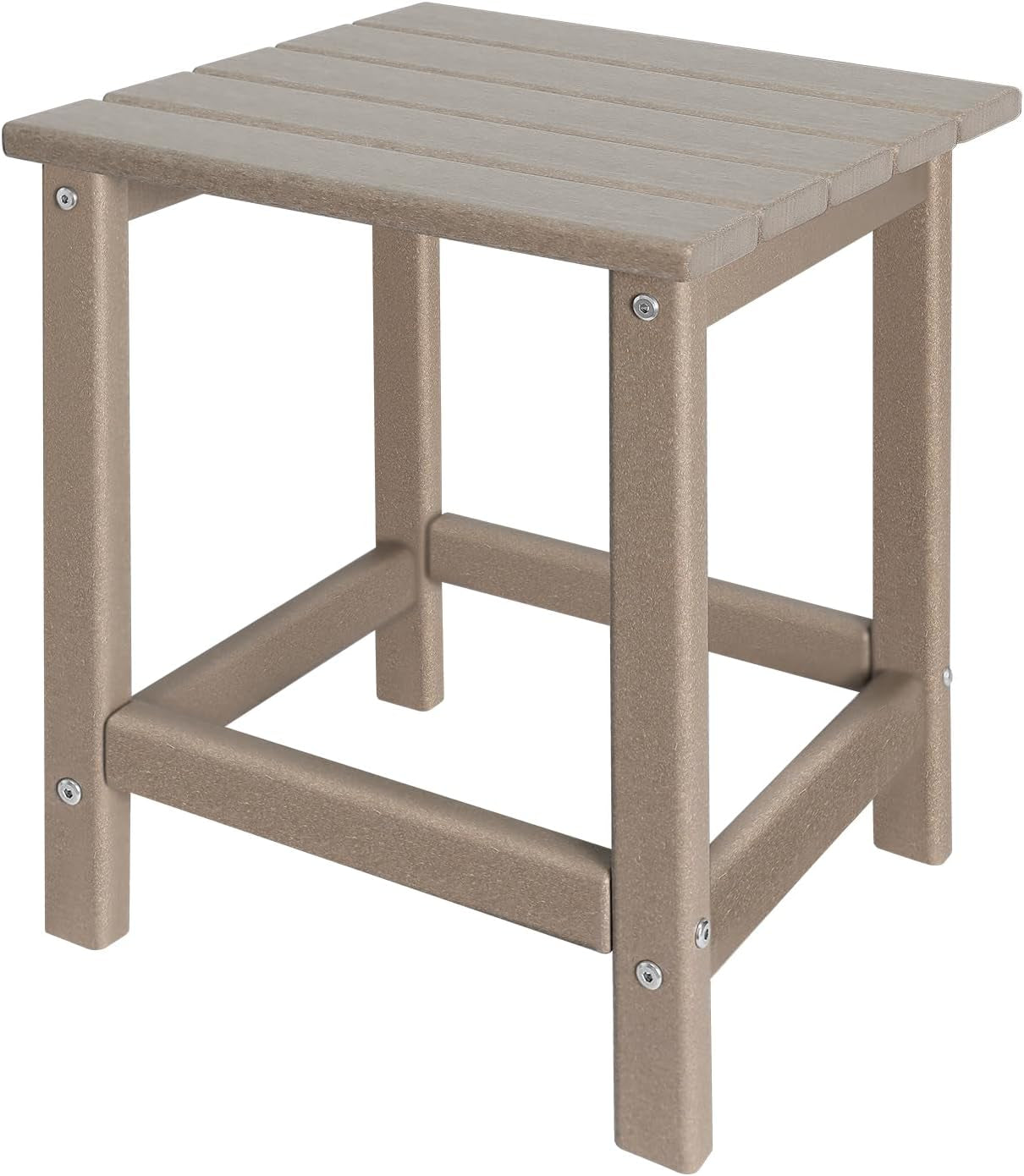 Angled view of a tan/beige slatted outdoor side table with square legs and a lower slatted shelf.