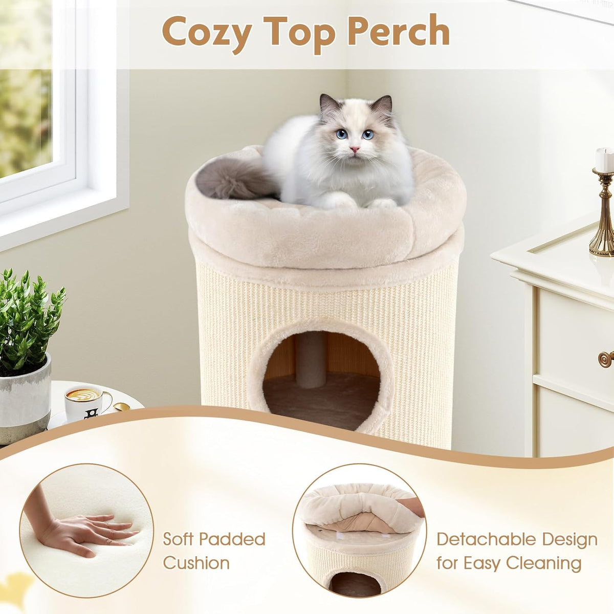 Close-up of the beige tower's cozy padded top perch with a removable cushioned bed