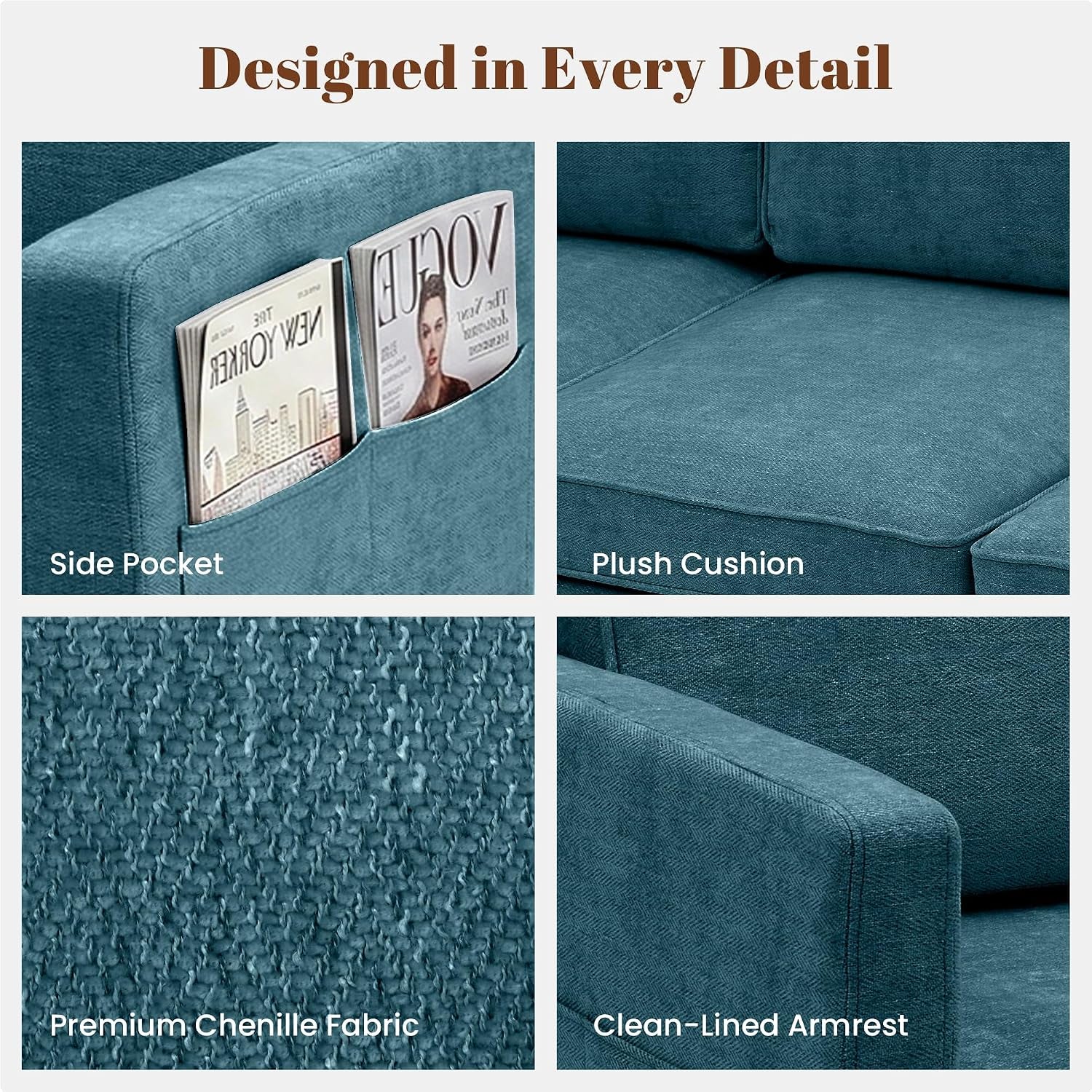 Four-panel detail collage showing side storage pocket, plush cushion, chenille fabric texture, and clean-lined armrest