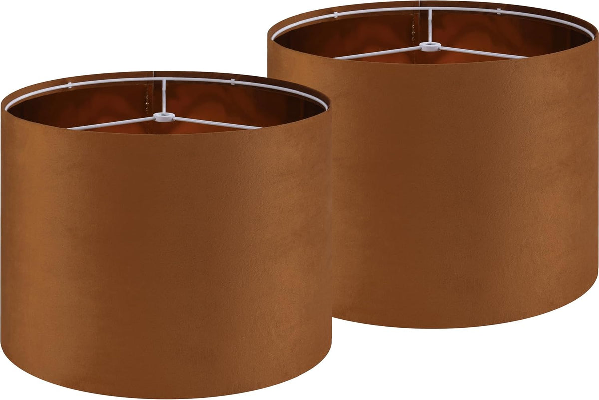 Two rust-brown cylindrical drum shades shown side-by-side with interiors and top frames visible.