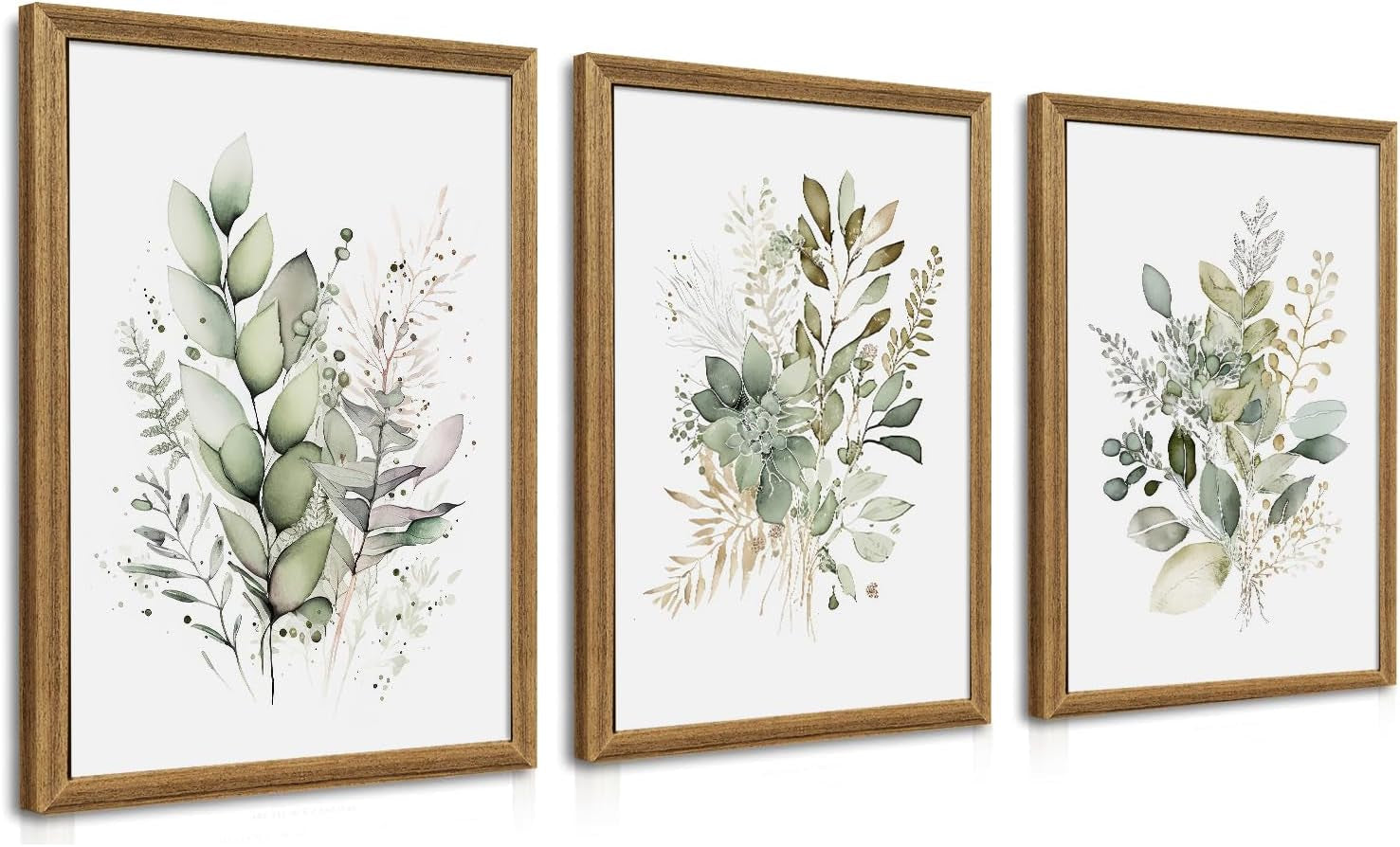 Three framed botanical watercolor prints with sage green leaves in natural wood frames on a white background