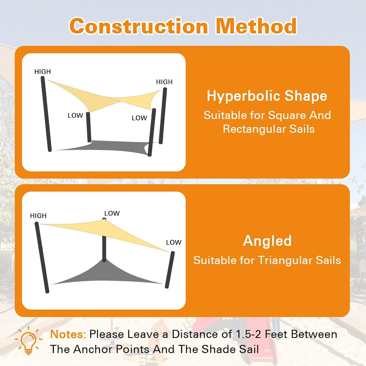 Two orange panels illustrating hyperbolic and angled mounting methods for attaching shade sails to high and low supports.