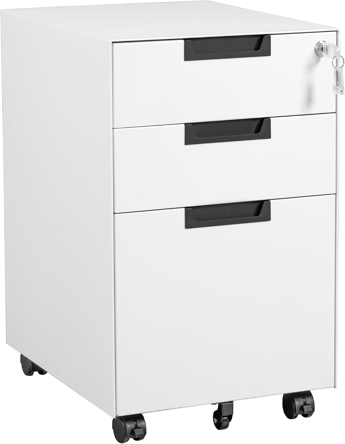 Single white three-drawer mobile file cabinet angled to show black recessed handles and key in lock