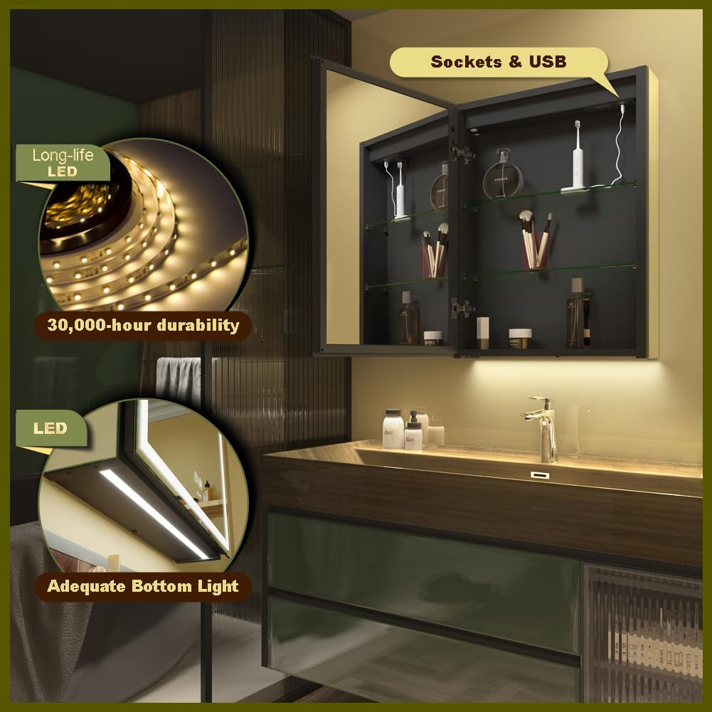 Open cabinet interior lit from top and bottom showing USB ports, an integrated power socket and illuminated underside over a洗
