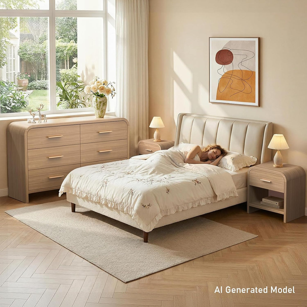 Bedroom scene with light wood 6-drawer dresser and two matching nightstands beside an upholstered bed