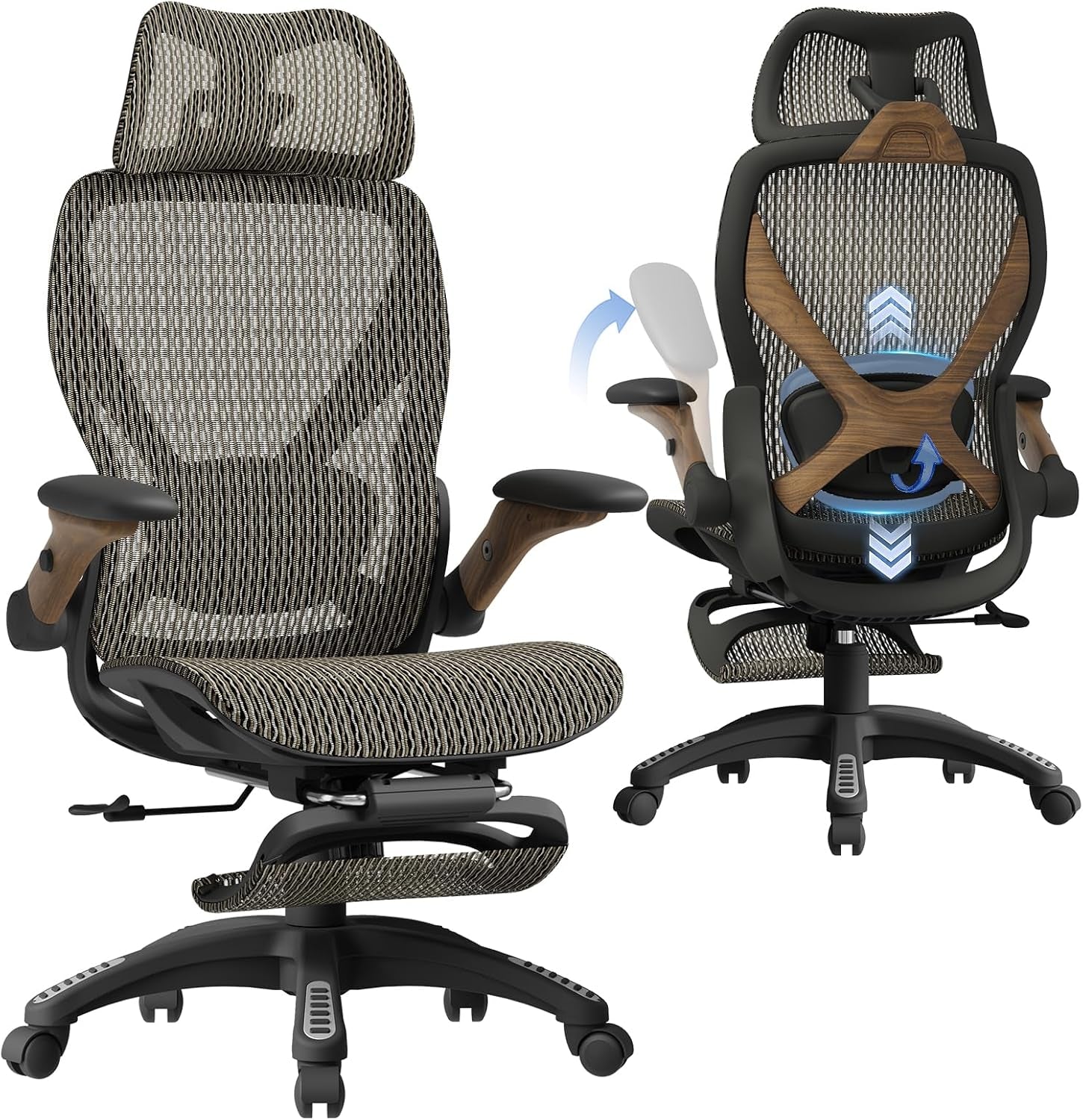 Two studio views of a dark-framed mesh chair with wood-look accents showing footrest stowed and back adjustment