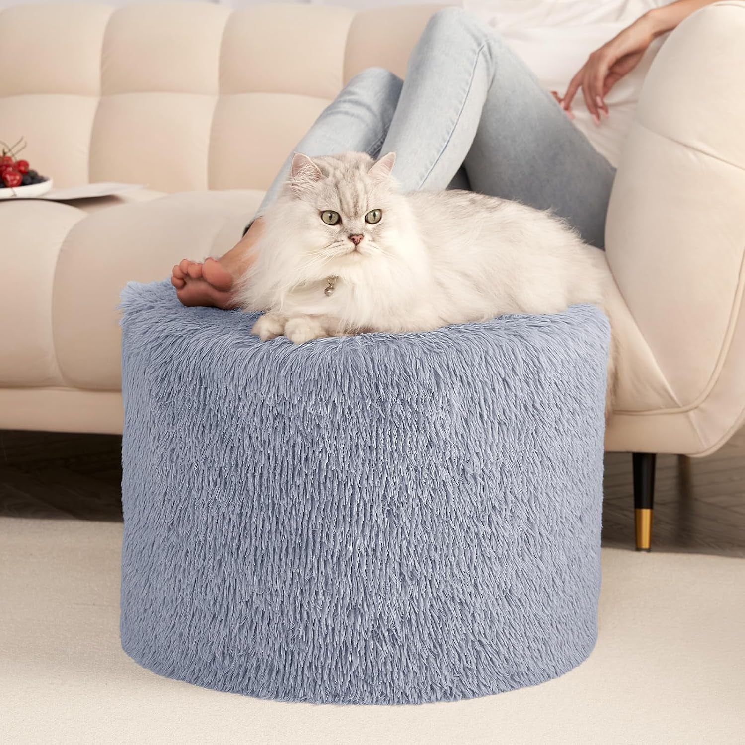 Round light blue shag pouf ottoman with a long-haired white cat on top and a person reclining on a beige sofa behind it